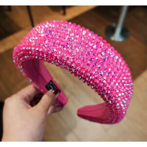 Thick Knitting Headband Padded Shiny Rhinestones‎ Hot Pink